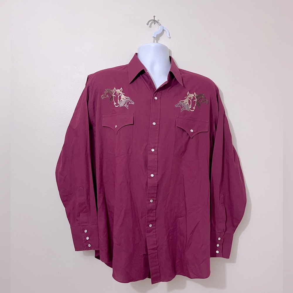 VTG Ely Cattleman Western Shirt Embroidered Horses Pearl Snap Pockets Red Large